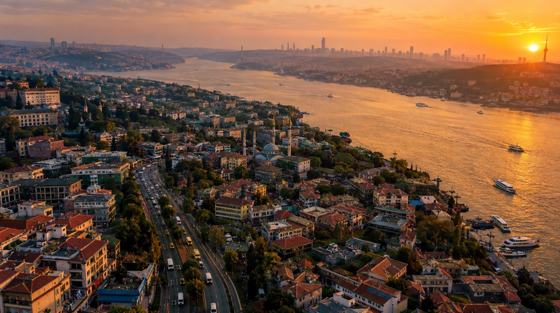 Türkiye genelinde dağıtım: gün batımında şehir ve su yolu